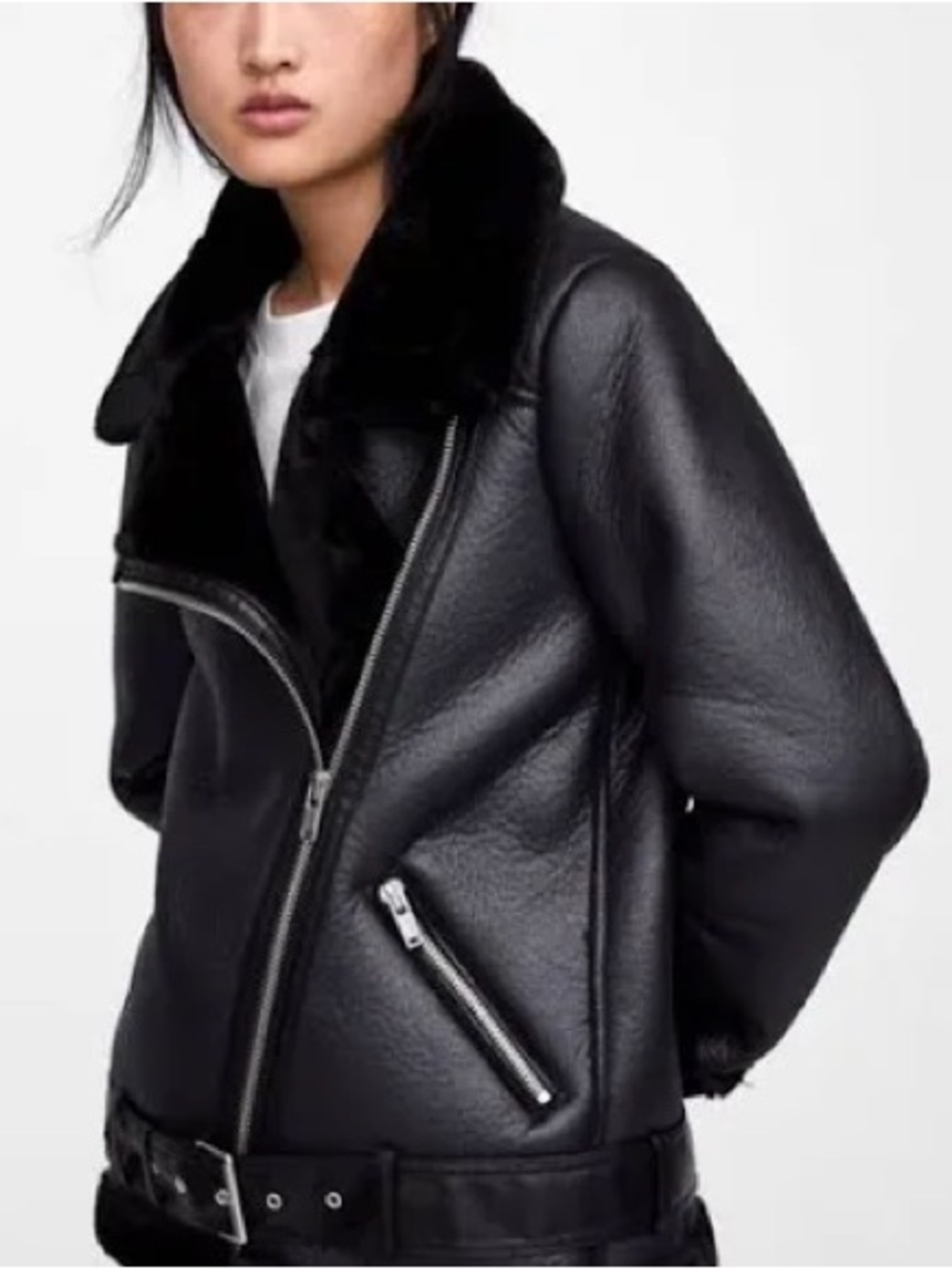 Zara Faux Leather/Fur Black Biker Jacket Size Small